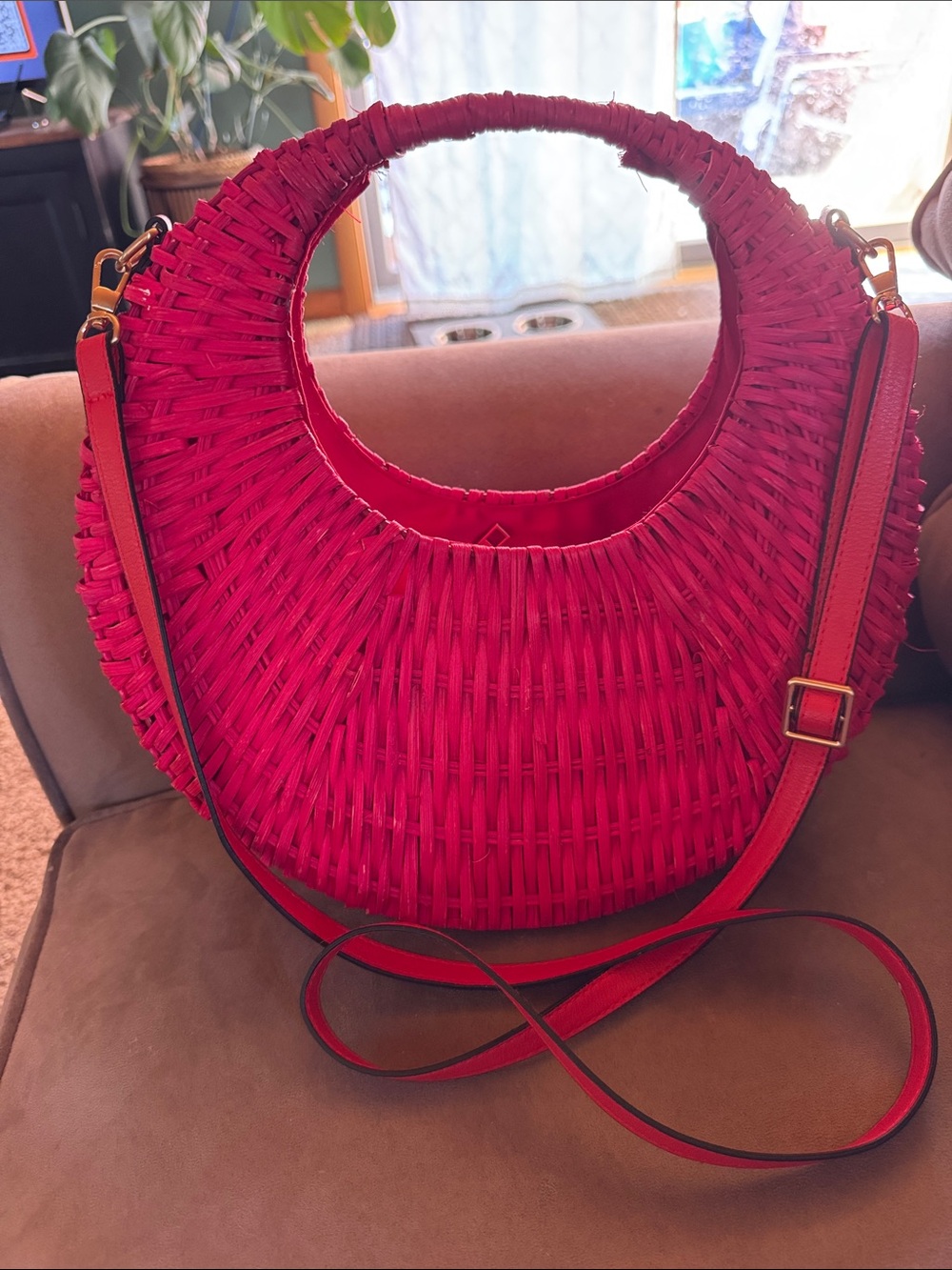 Woven Crescent Crossbody Bag - Hot Pink